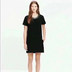 Madewell Crepe Black Leather Trim Mini Shift Dress